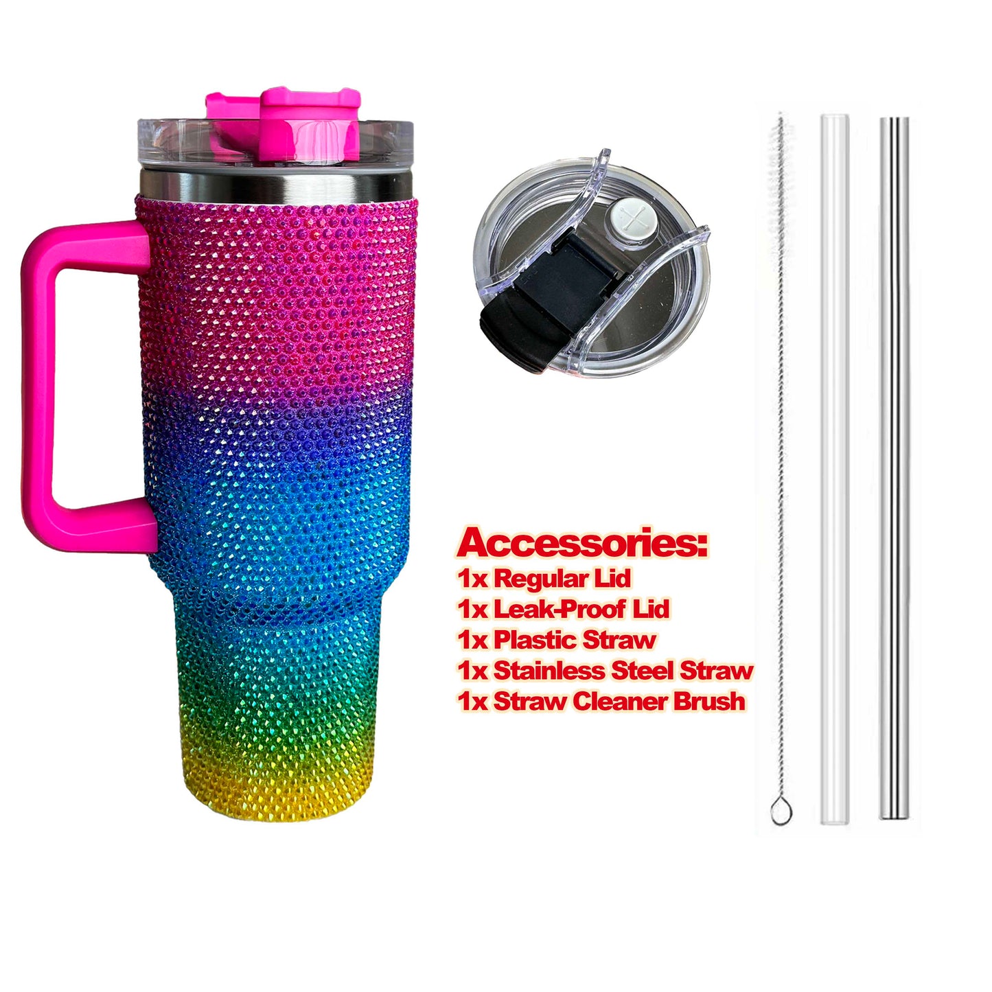 40oz Rhinestones Tumbler, Rainbow Rhinestones, Leak Proof, Spill Proof, Stainless Steel, Thermal Insulation