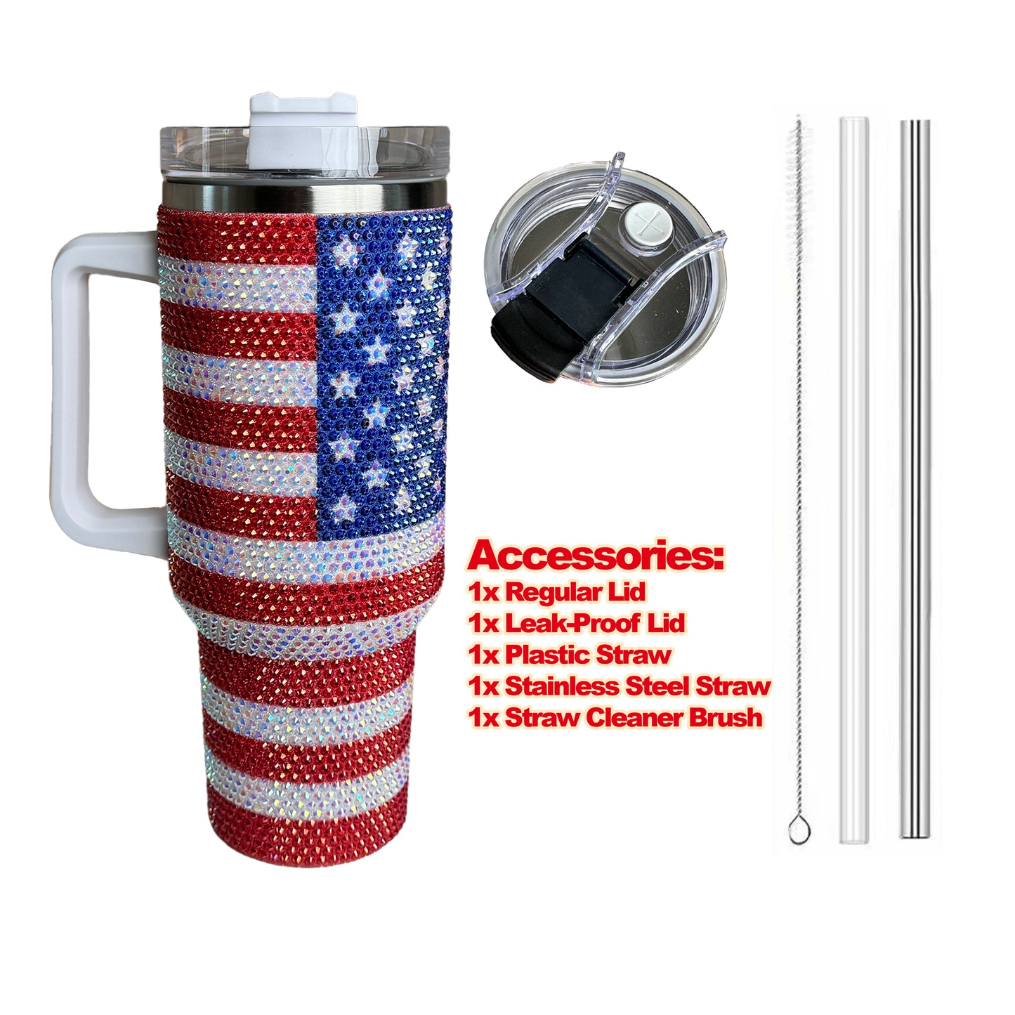 40oz Tumbler, Rhinestones Tumbler, USA Flag Rhinestones, Stainless Steel Tumbler, Thermal Insulated Tumbler, Leak Proof