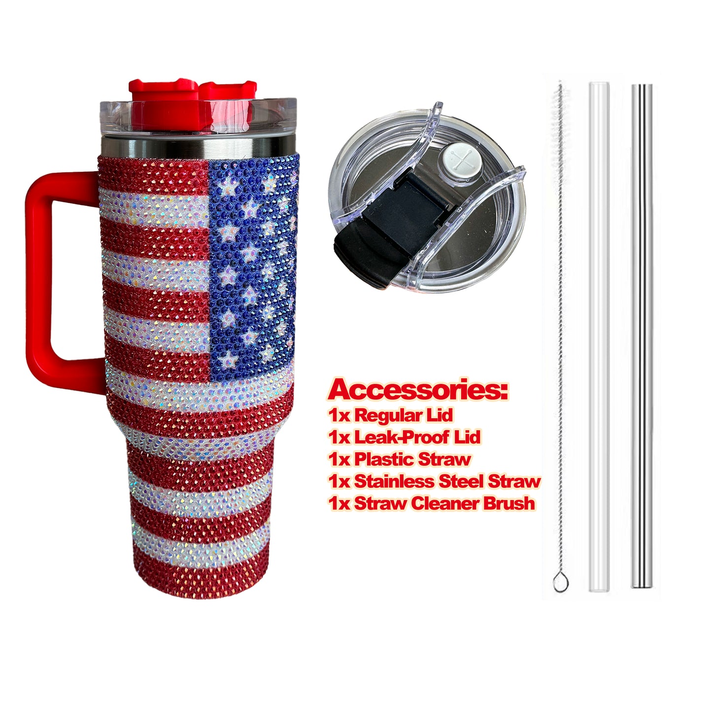 40oz Tumbler, Rhinestones Tumbler, USA Flag Rhinestones, Stainless Steel Tumbler, Thermal Insulated Tumbler, Leak Proof