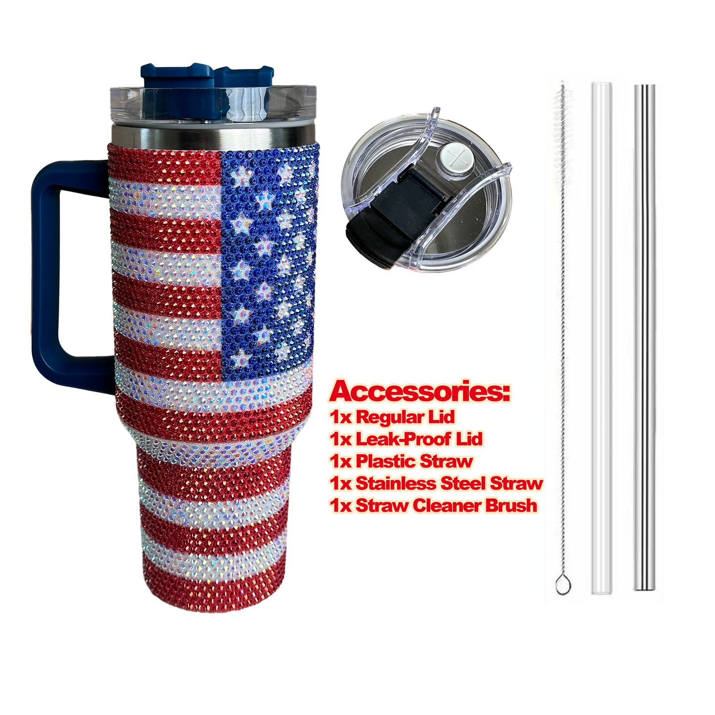 40oz Tumbler, Rhinestones Tumbler, USA Flag Rhinestones, Stainless Steel Tumbler, Thermal Insulated Tumbler, Leak Proof