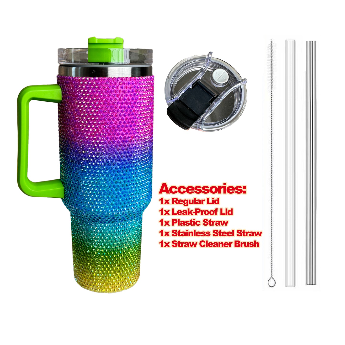 40oz Rhinestones Tumbler, Rainbow Rhinestones, Leak Proof, Spill Proof, Stainless Steel, Thermal Insulation