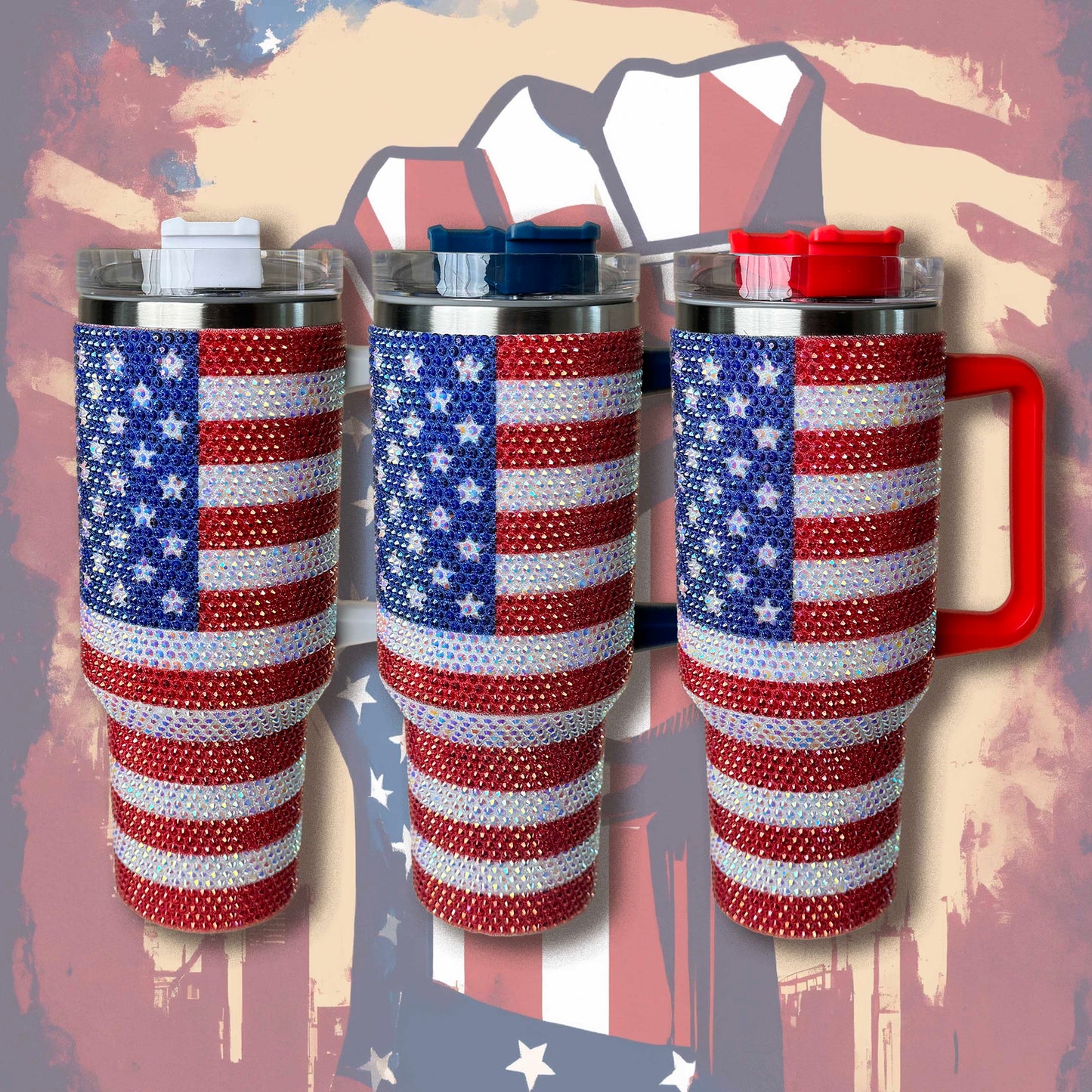 40oz Tumbler, Rhinestones Tumbler, USA Flag Rhinestones, Stainless Steel Tumbler, Thermal Insulated Tumbler, Leak Proof